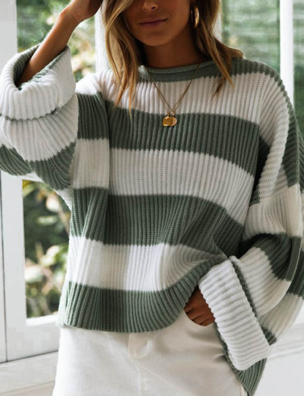 Green Striped Spliced Round Neck Knit Sweater