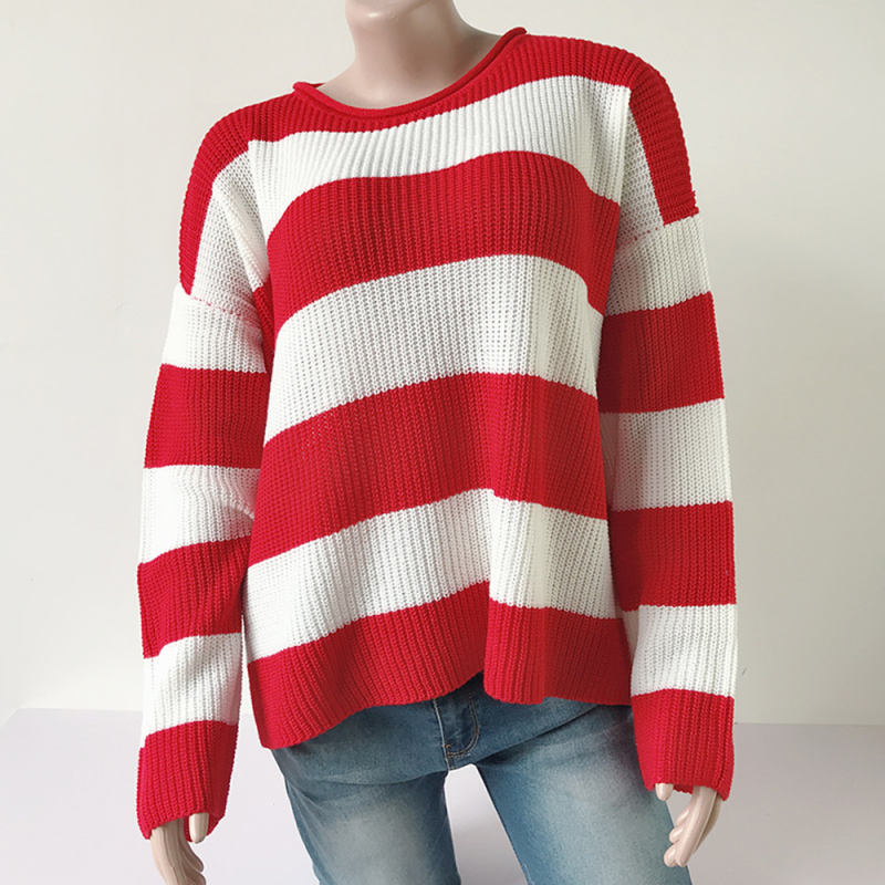 Red Striped Spliced Round Neck Knit Sweater