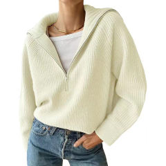 Apricot Zipper-up Knit Pullover Sweater