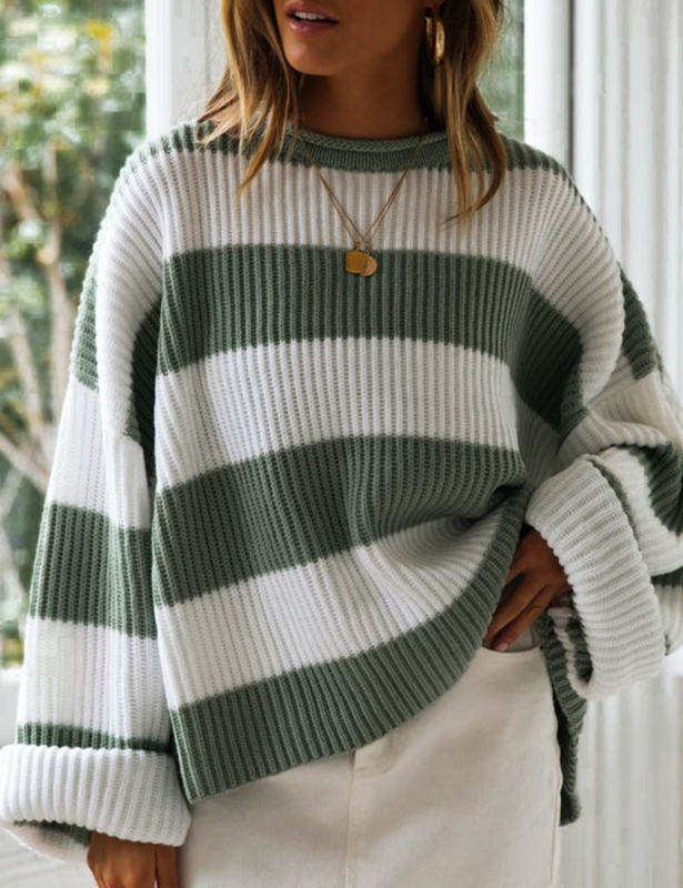 Green Striped Spliced Round Neck Knit Sweater