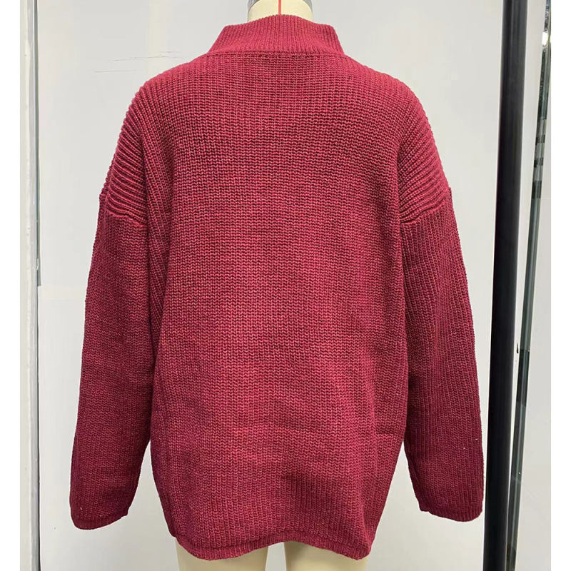 Wine Red Zipper High Neck Knit Sweater
