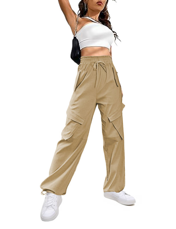 Khaki Multi-pocket Elastic Waist Cargo Pants