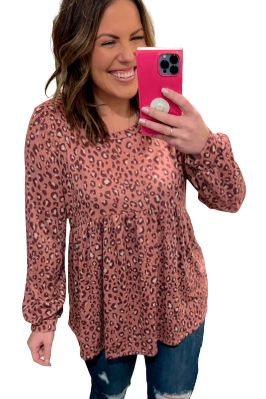 Leopard Print Long Sleeve Ruffled Babydoll Plus Size Blouse