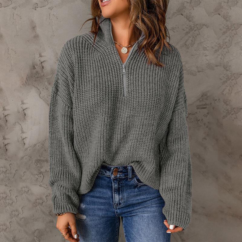 Dark Grey Zipper High Neck Knit Sweater