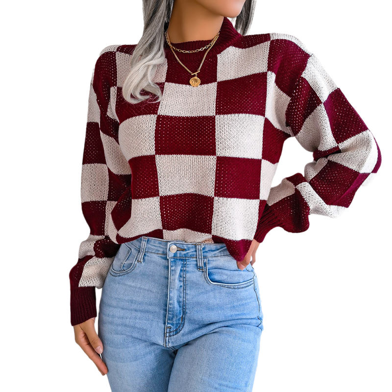 Wine Red Contrast Plaid Long Sleeve Knit Sweater