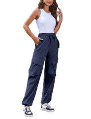 Navy Blue Multi-pocket Elastic Waist Cargo Pants
