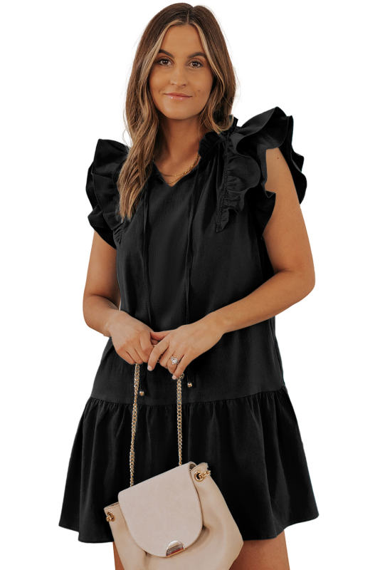Black Tiered Ruffled Sleeves Mini Dress with Pockets