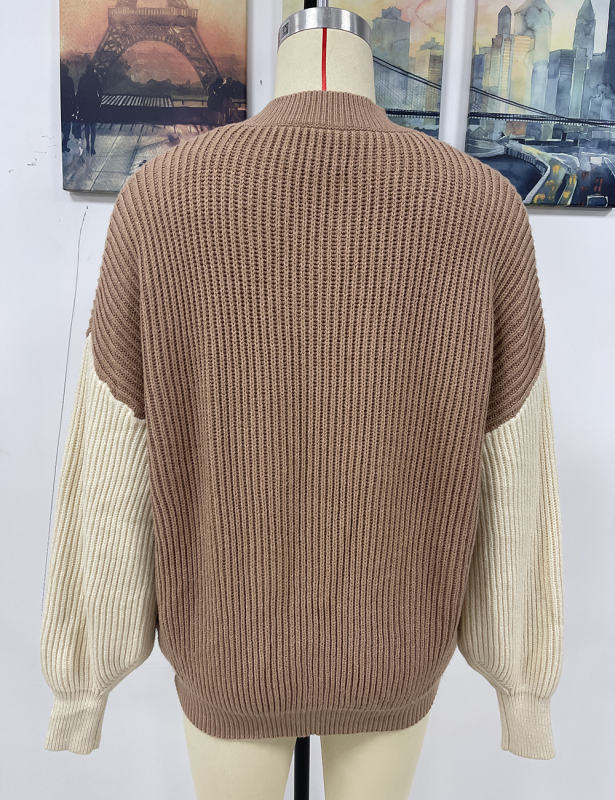 Khaki Contrast Round Neck Loose Knit Sweater