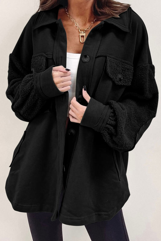 Black Exposed Seam Elbow Patch Oversized Shacket