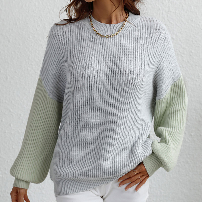 Light Gray Contrast Round Neck Loose Knit Sweater