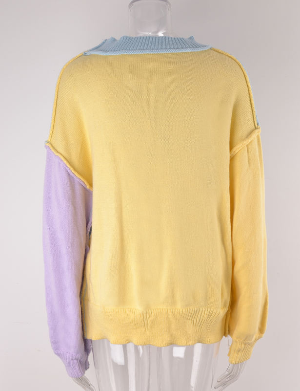 Blue Colorblock Round Neck Knit Sweater