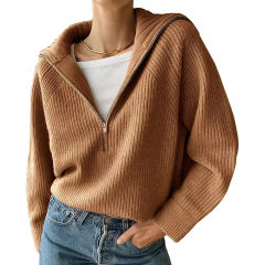 Camel Red Zipper-up Knit Pullover Sweater