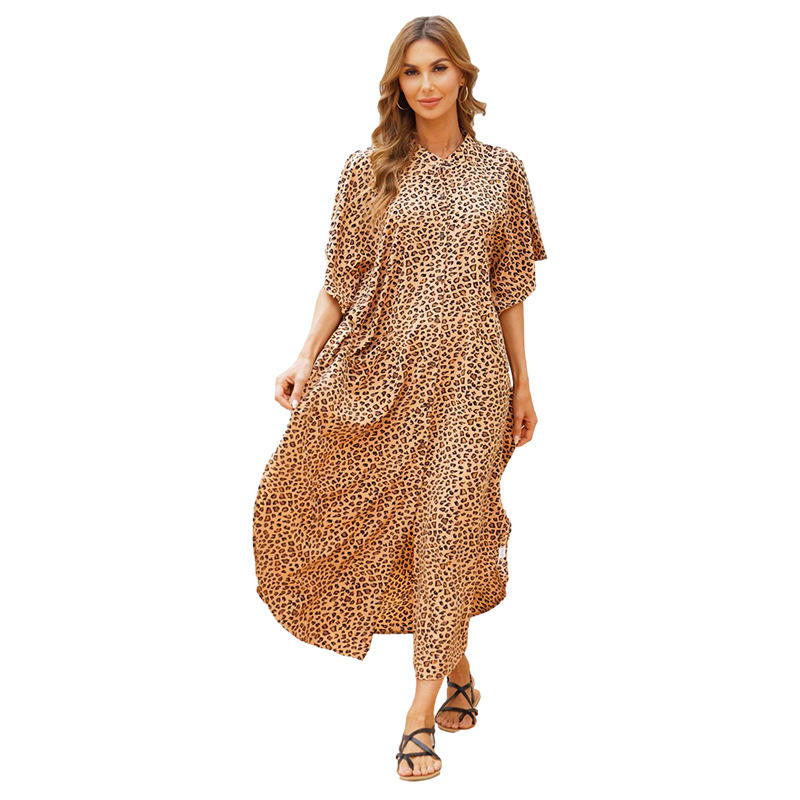 Leopard Button-down Holiday Beach Kimono Dress with Pocket