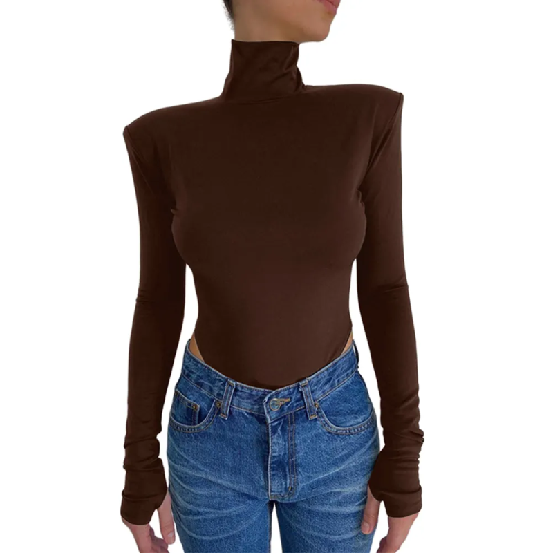 Coffe Open Back High Neck Long Sleeve Bodysuit TQV220149-15