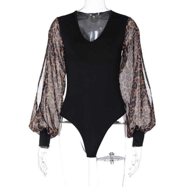 Black Splicing Leopard Long Sleeve Retro Bodysuit TQX551117-2