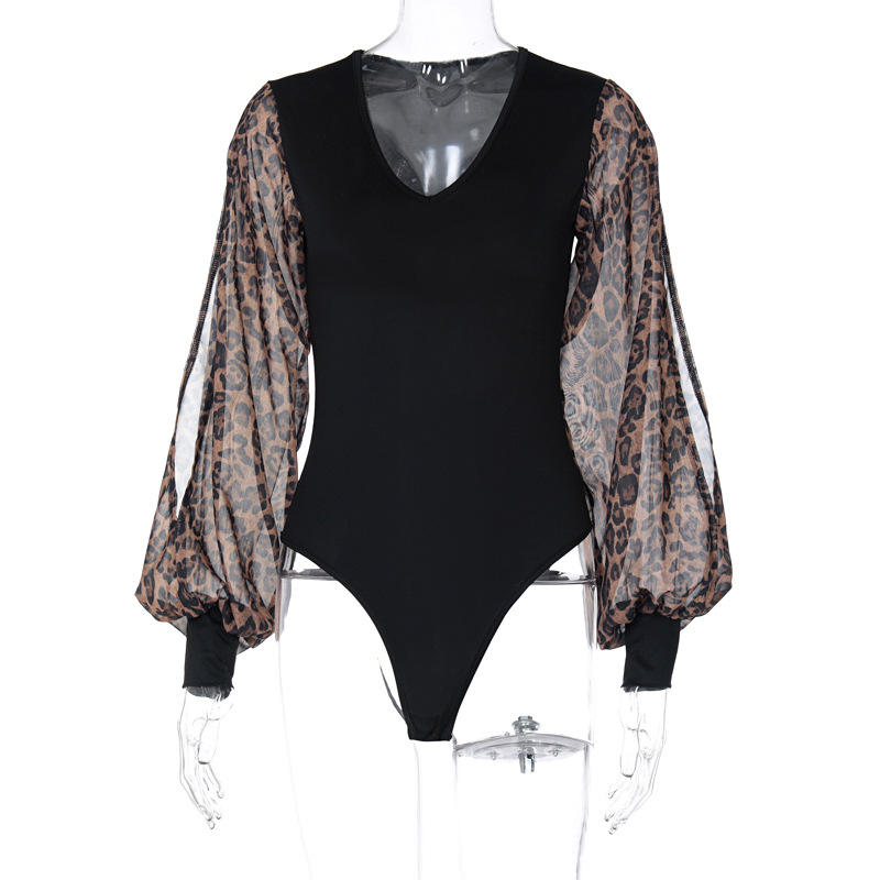 Black Splicing Leopard Long Sleeve Retro Bodysuit TQX551117-2