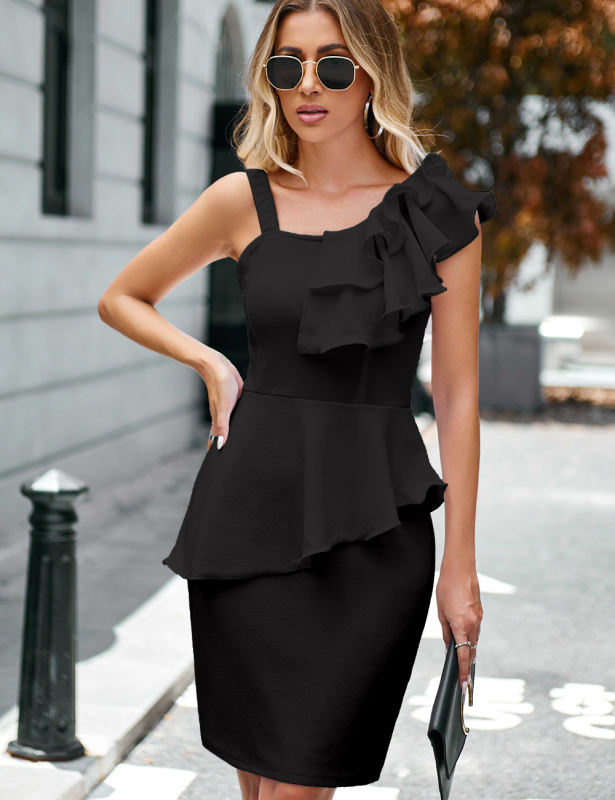 Black Asymmetric Peplum Style Office Lady Dress
