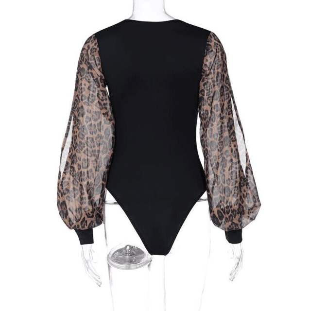 Black Splicing Leopard Long Sleeve Retro Bodysuit TQX551117-2
