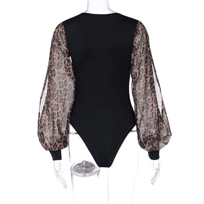 Black Splicing Leopard Long Sleeve Retro Bodysuit TQX551117-2