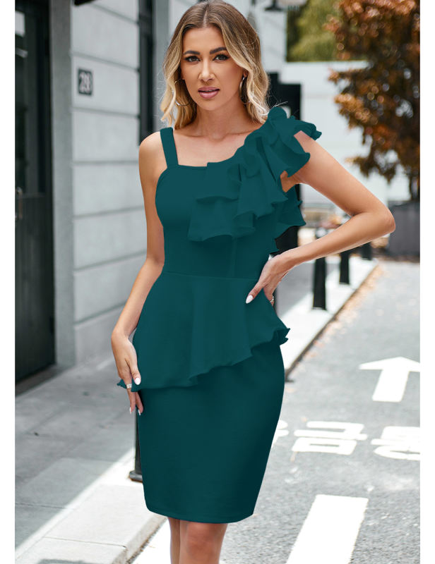 Blackish Green Asymmetric Peplum Style Office Lady Dress