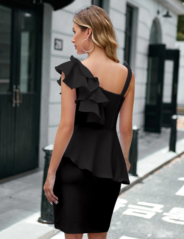 Black Asymmetric Peplum Style Office Lady Dress