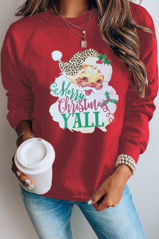 Red Merry Christmas Santa Claus Print Pullover Sweatshirt