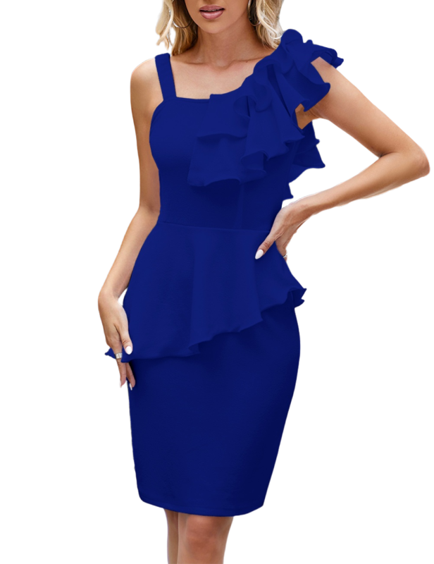 Blue Asymmetric Peplum Style Office Lady Dress