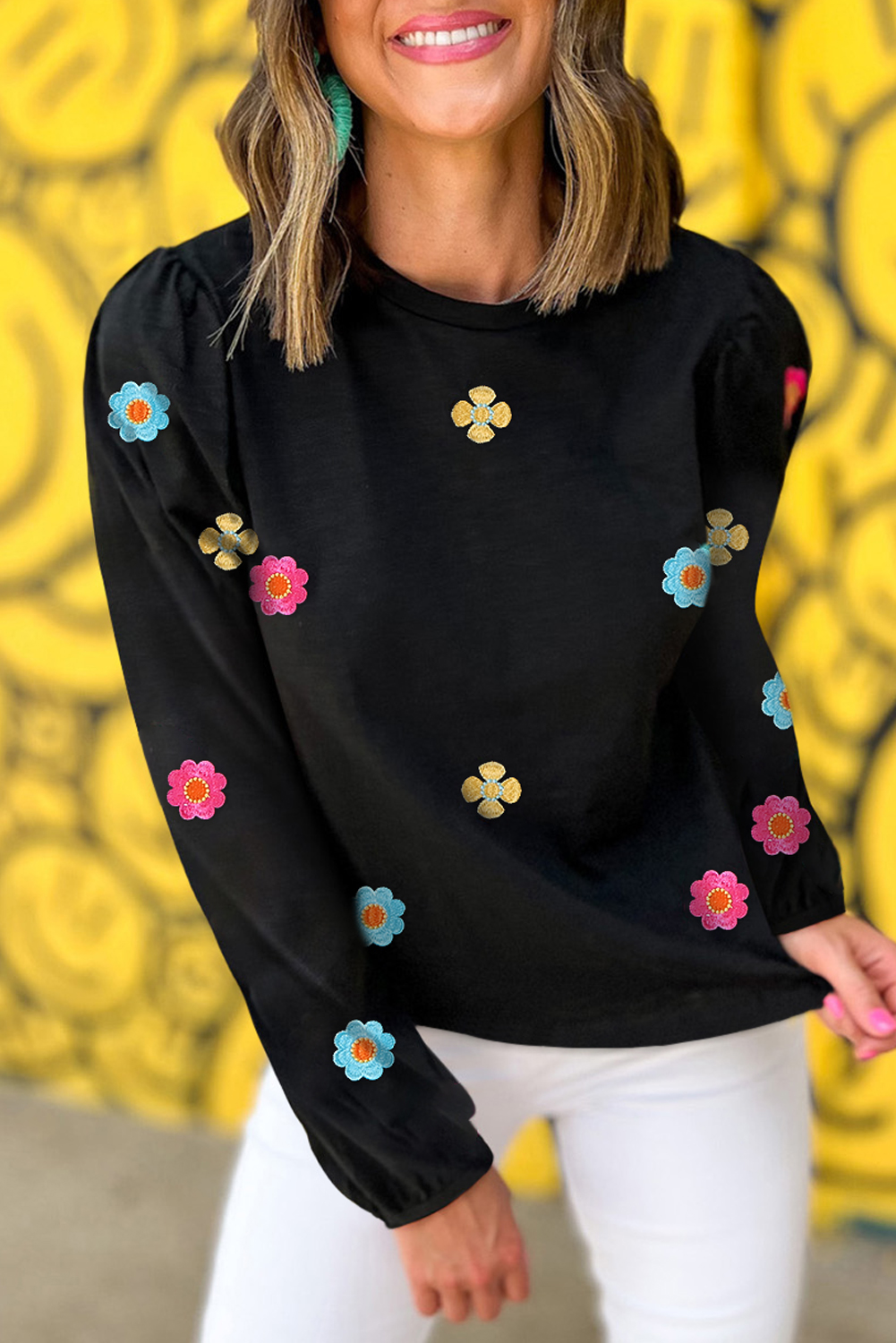 FLORAL EMBROIDERY PUFF SLEEVE SMOCKED TOP