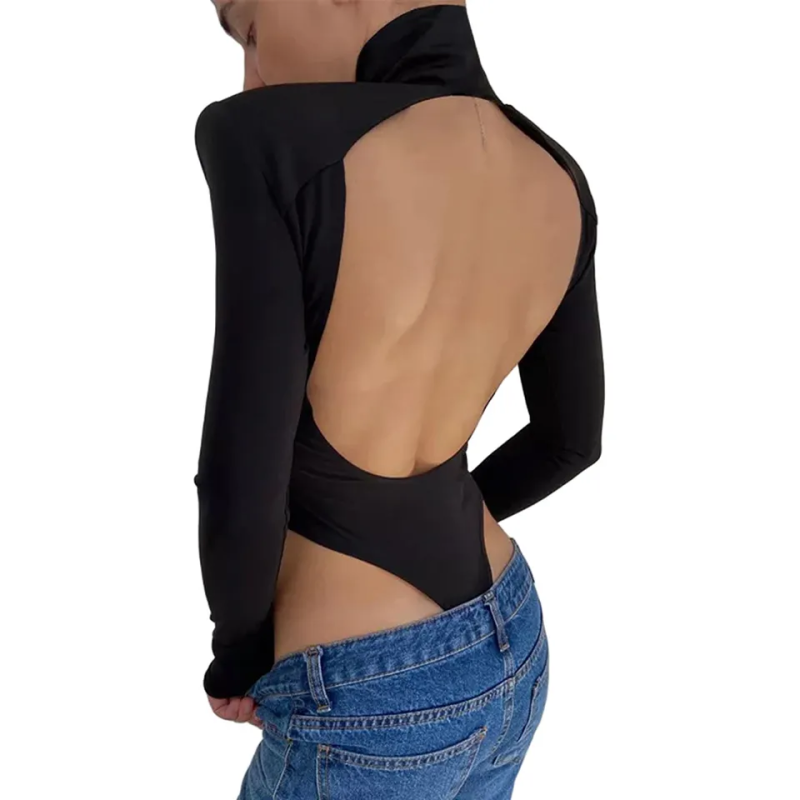 Black Open Back High Neck Long Sleeve Bodysuit TQV220149-2