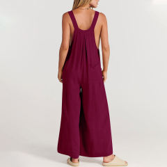 Wine Red Button Detail Wide Leg Pocket Overall