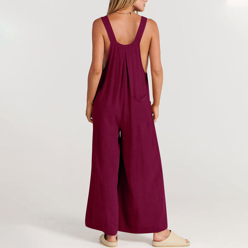 Wine Red Button Detail Wide Leg Pocket Overall
