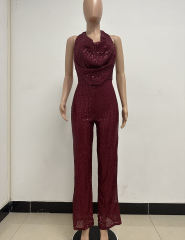 Wine Red Deep V Neck Pile Collar Backless Sequined Jumpsuit