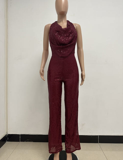 Wine Red Deep V Neck Pile Collar Backless Sequined Jumpsuit