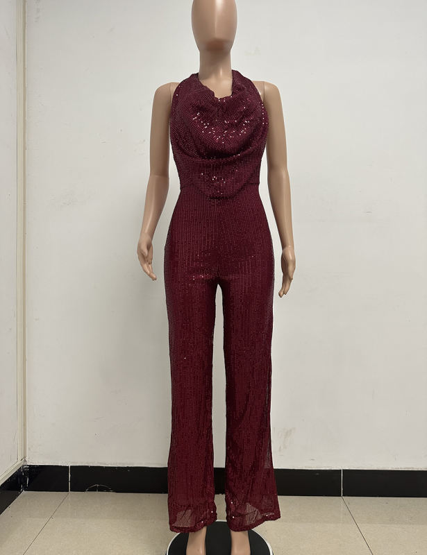 Wine Red Deep V Neck Pile Collar Backless Sequined Jumpsuit