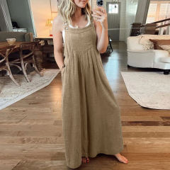 Khaki Button Detail Wide Leg Pocket Overall
