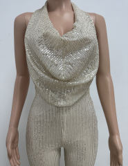Apricot Deep V Neck Pile Collar Backless Sequined Jumpsuit