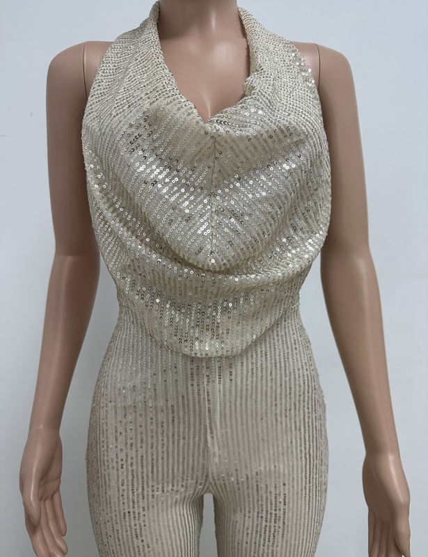 Apricot Deep V Neck Pile Collar Backless Sequined Jumpsuit