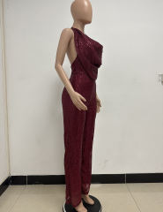 Wine Red Deep V Neck Pile Collar Backless Sequined Jumpsuit