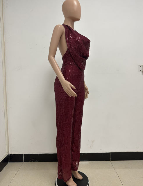 Wine Red Deep V Neck Pile Collar Backless Sequined Jumpsuit