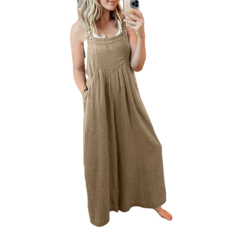 Khaki Button Detail Wide Leg Pocket Overall