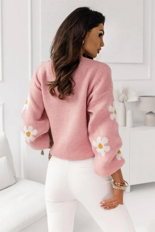 Pink Plus Size Drop Shoulder Flower Pattern Knit Sweater