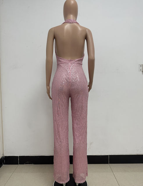 Pink Deep V Neck Pile Collar Backless Sequined Jumpsuit