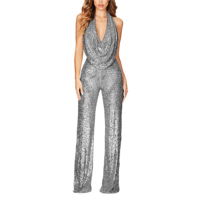 Grey Deep V Neck Pile Collar Backless Sequined Jumpsuit TQK550310-11