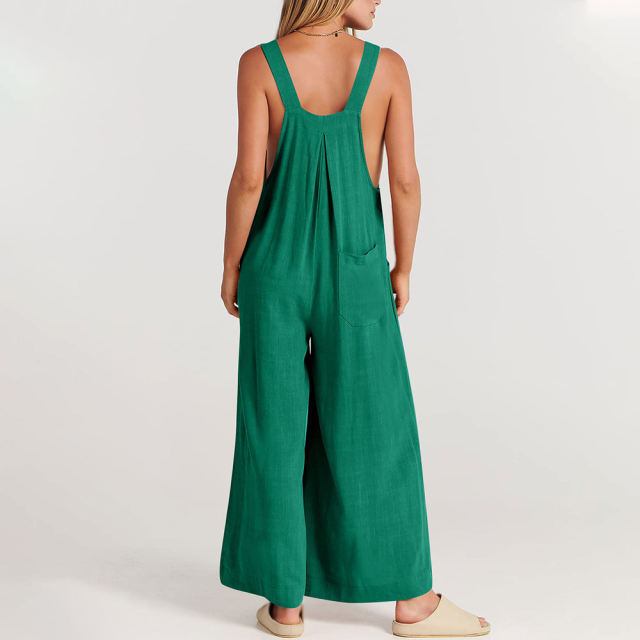Dark Green Button Detail Wide Leg Pocket Overall