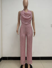 Pink Deep V Neck Pile Collar Backless Sequined Jumpsuit