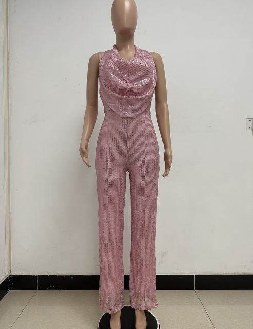 Pink Deep V Neck Pile Collar Backless Sequined Jumpsuit