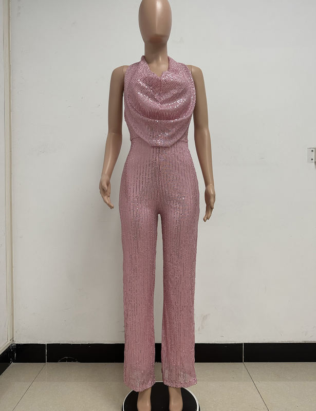Pink Deep V Neck Pile Collar Backless Sequined Jumpsuit