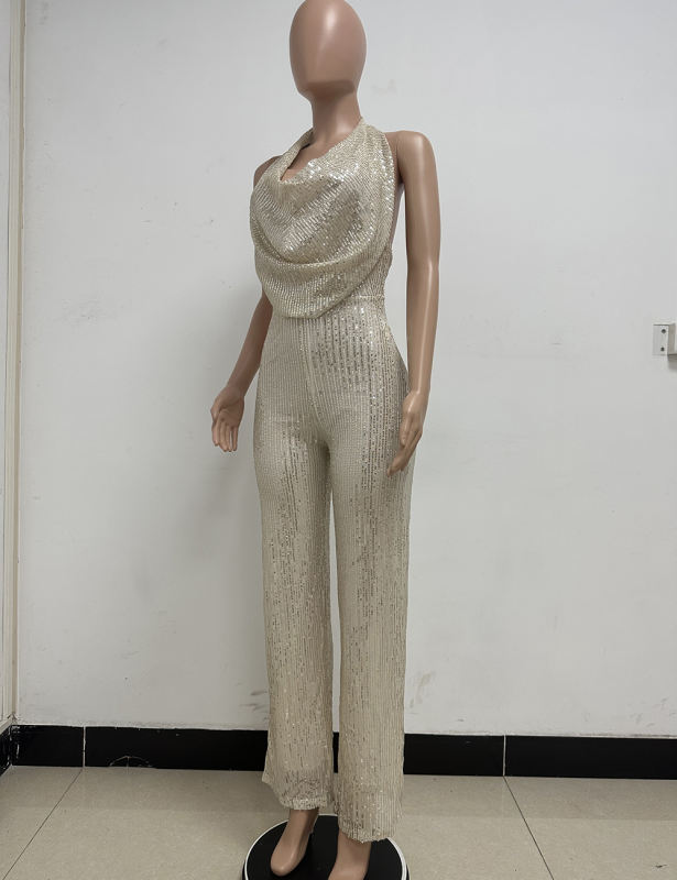 Apricot Deep V Neck Pile Collar Backless Sequined Jumpsuit