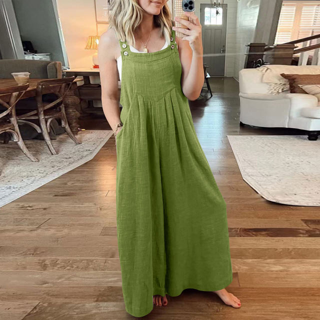 Grass Green Button Detail Wide Leg Pocket Overall