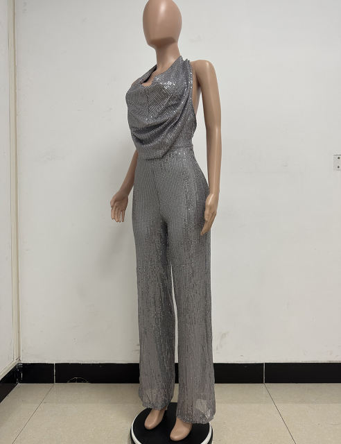 Grey Deep V Neck Pile Collar Backless Sequined Jumpsuit TQK550310-11